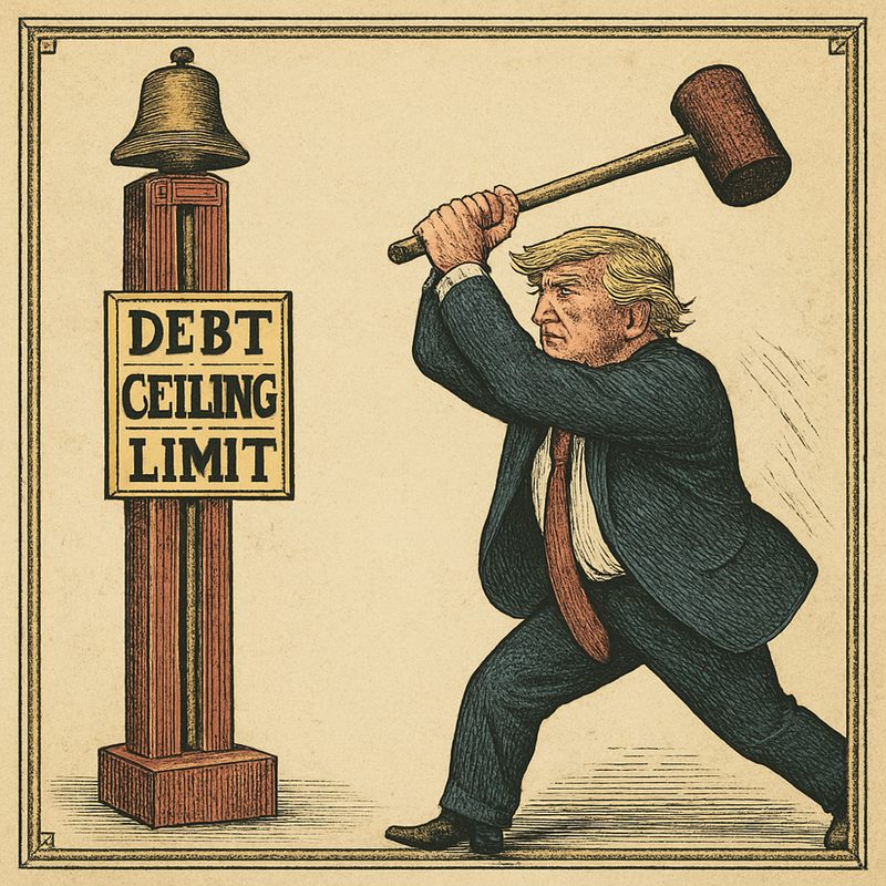 Vintage engraving: a man in a dark suit swings a wooden mallet at a carnival high striker marked DEBT CEILING LIMIT
